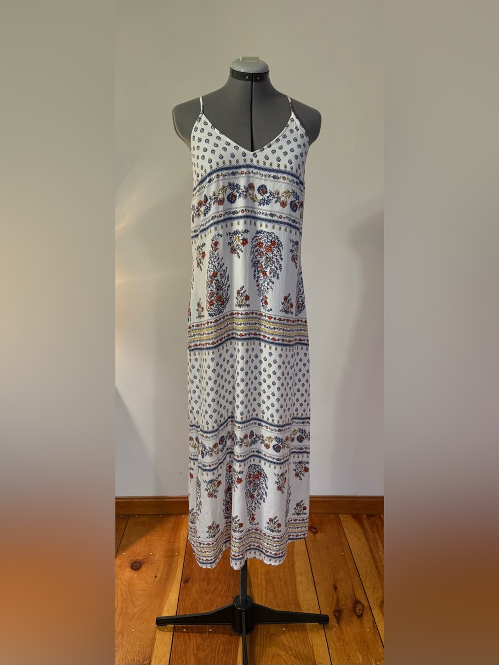Old Navy White Maxi Dress with Navy and Rust Floral Pattern